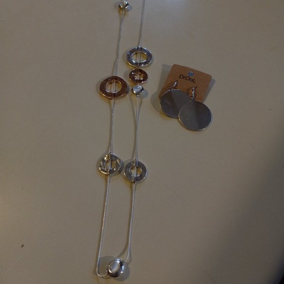 36 " chain silver necklace with silver, white, & rose gold accents & earrings - Picture 1 of 3